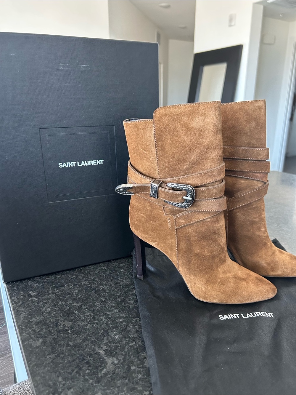 Saint Laurent Tan Suede Pointed Toe Ankle Boots with Buckle